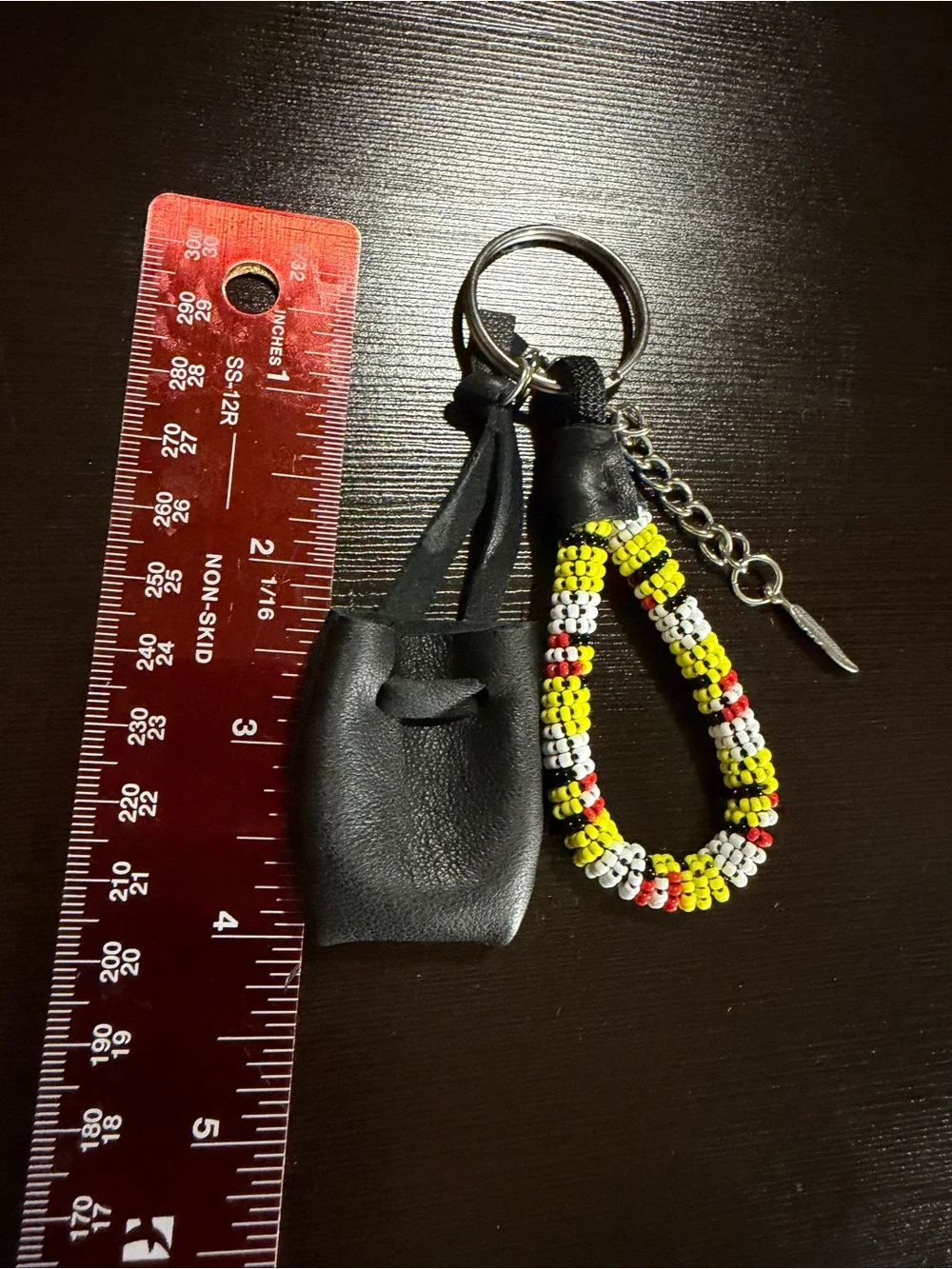 Beaded Loop Keychain with Black Leather Pouch - Yellow, White & Red